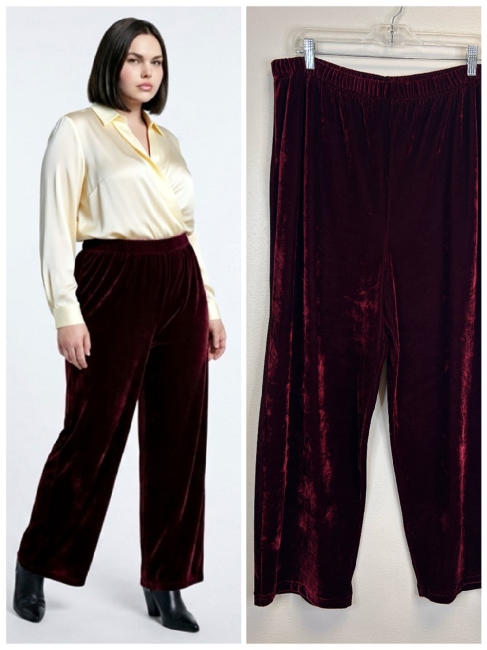 Velvet Wide Leg Pants Deep Wine Burgundy Size XL‎ Boho Whimsigoth Elastic Waist